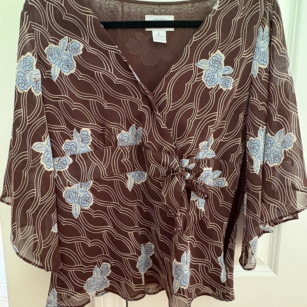 LOFT Brown and Blue Floral Blouse